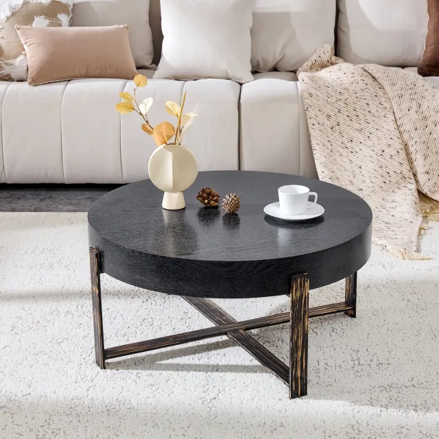REDOM Ronde Salontafel - Kruisframe - Industriële Stijl - Voor Woonkamer - MDF En Metaal - Zwart - 68 Cm
