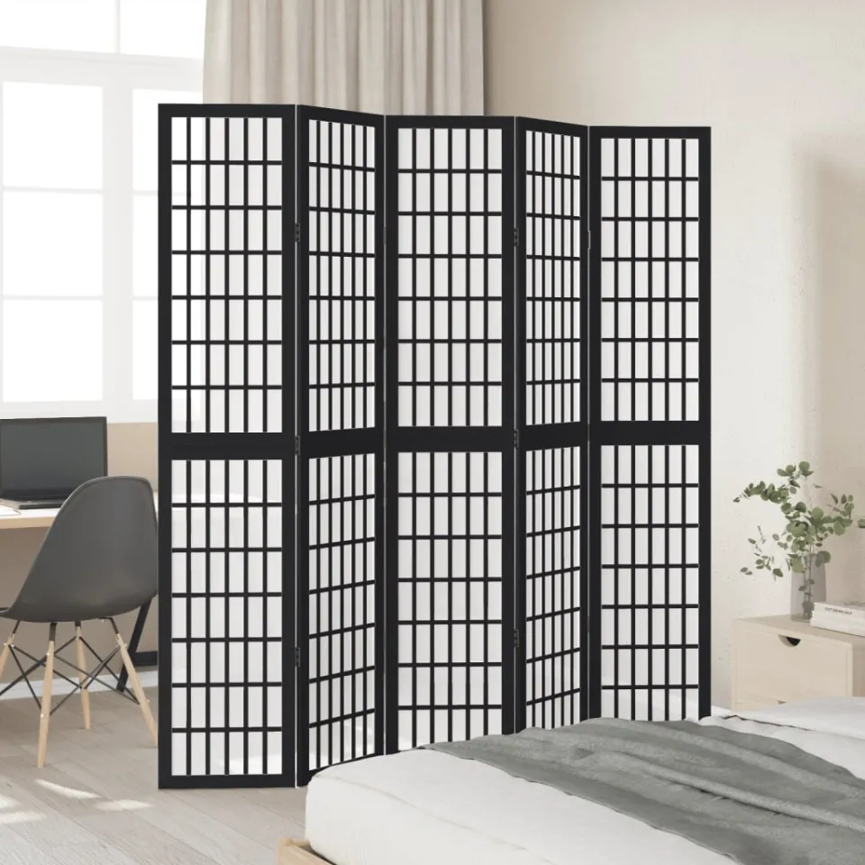 vidaXL Kamerscherm met 5 panelen massief paulowniahout zwart, foto 3