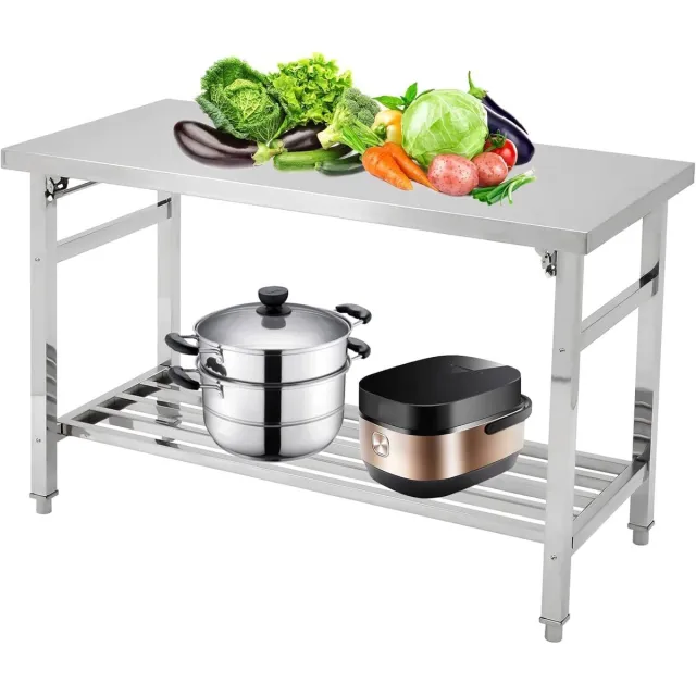 Triumpunpre Opvouwbare roestvrijstalen eettafel – Stevige kampeertafel met twee niveaus – Verstelbare onderplank – Vergrendelbare zwenkwielen – Draagvermogen van 920 Lbs – 90×70×60 cm zilverkleurig