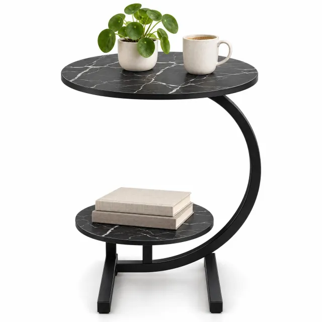 Levano Bijzettafel Zwart Rond - Sidetable Zwart - Bijzettafeltjes Woonkamer - Tafeltje voor bij de Bank - Plantentafeltje voor Binnen - Sidetable Hout - Bijzettafel Marmerlook - Zijtafel bij Bank - Rond Tafeltje Hout - Plantentafeltje Metaal