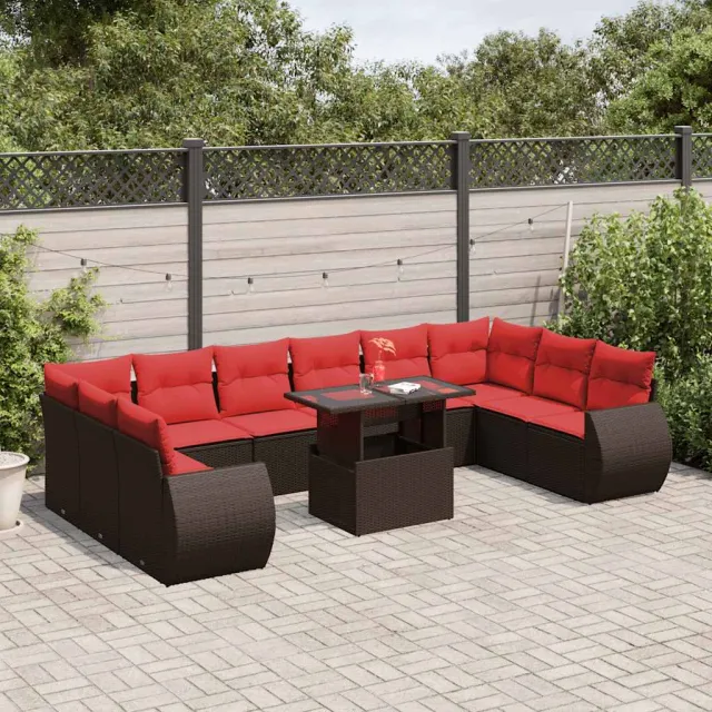 vidaXL 11-delige tuinbankset met kussens, bruin polyrotan, foto 2