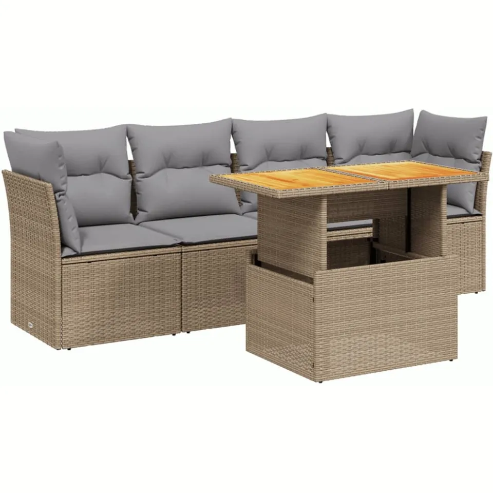 vidaXL 5-delige Loungeset met kussens poly rattan beige, foto 3