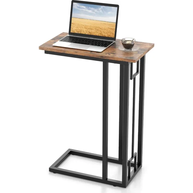 Costway C-vormige bijzettafel, compacte salontafel voor kleine ruimtes, koffietafel met metalen frame en verstelbare poten, rustieke bijzettafel voor woonkamer, werkkamer Rustiek bruin en zwart