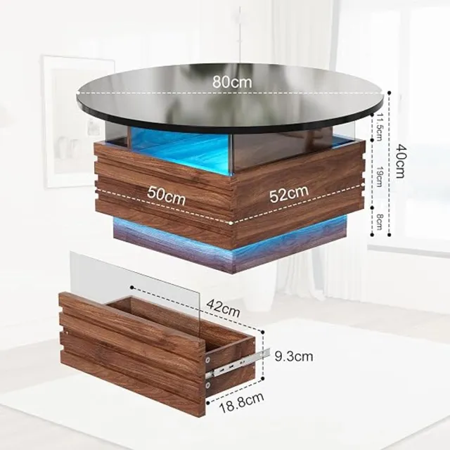 J.T.R Ronde Salontafel met RGB LED-verlichting en 2 Lades - Zwart MDF met Gehard Glas en 3D-Hout Details - Ø 80 x 40 cm.