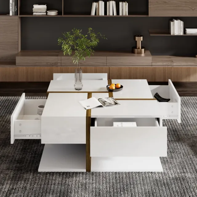 MODFU Hochglanz salontafel met 4 lades, unieke kleurafstemming en lijnontwerp, met opbergruimte – 78x78x34,8 cm Wit