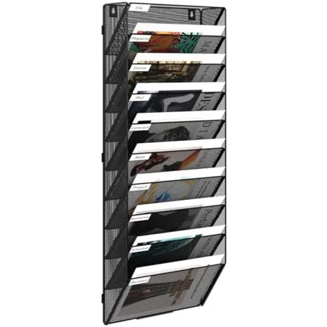 PromoHome 10-laags Wandorganizer voor Documenten en Tijdschriften - Zwarte Metaal Constructie Zwart-10