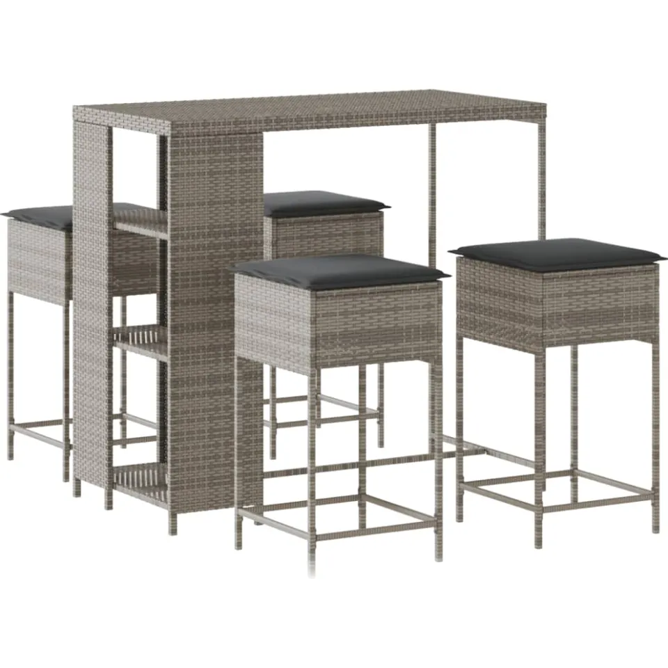 vidaXL 5-delige Tuinbarset met kussens poly rattan grijs, foto 3