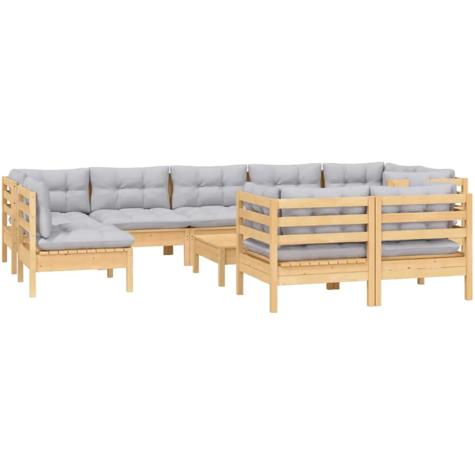 vidaXL 10-delige Loungeset met grijze kussens massief grenenhout Grijs