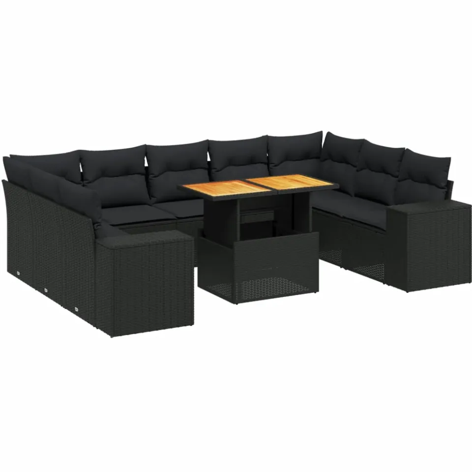 vidaXL 10-delige Loungeset met kussens poly rattan zwart, foto 3