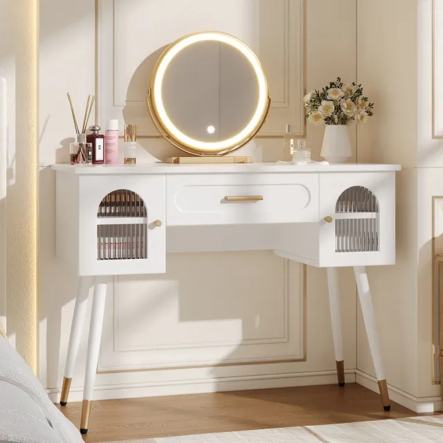 STILVORA Kaptafel Met Led Spiegel En 1 Lade 2 Deuren Veel Opbergruimte Scandinavische Stijl Voor Slaapkamer En Kapkamer Wit Goud 100x42x112 Cm White+Gold