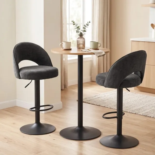 REDOM Barkruk set van 2 - Hoogteverstelbaar en 360° draaibaar - Met rugleuning en voetsteun - Stof - Donkergrijs - 66-87 cm zithoogte - 49,5 x 48 x 110 cm
