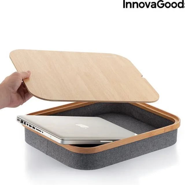 Innovagoods Draagbare Multifunctionele laptoptafel / Bijzettafel met opbergbak - Linnen kussen - Bed of Bank - Grijs en Houtkleur Hout Grijs