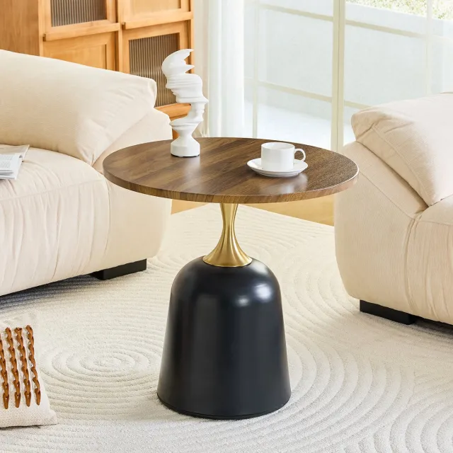 Wishdor Ronde bijzettafel 60 cm - Modern design - Melamine tafelblad - Metalen onderstel - Walnootlook en zwart - Woonkamer of slaapkamer Walnut