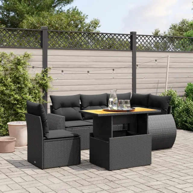 vidaXL 6-delige Loungeset met kussens poly rattan zwart, foto 2