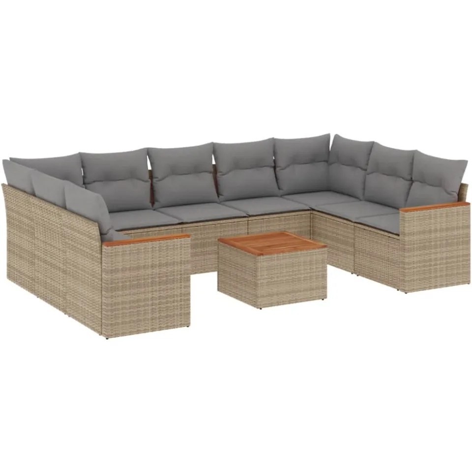 vidaXL 10-delige Loungeset met kussens poly rattan beige, foto 3