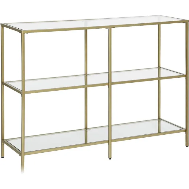 Hoppa! Console Tafel | Bijzettafel Met 3 Planken Van Gehard Glas | Banktafel | Moderne Opbergrek | Stabiel | Eenvoudig Te Monteren | Woonkamer, Hal, Slaapkamer, Keuken | Goudkleurige