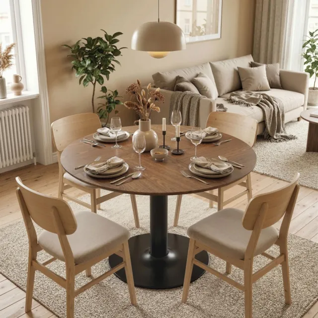 MODFU Ronde Eettafel - Voor 6 Personen - Modern - Voor Eetkamer - MDF En Metaal - Bruin - Ø110 Cm