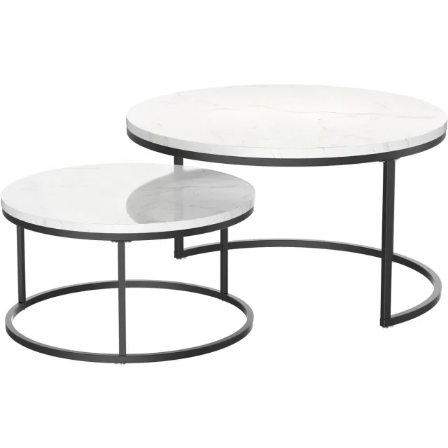 MODFU Salontafel – Ø 80 & 60 cm – Nestbaar (ruimtebesparend) – Set van 2 – Moderne woonkamer tafel – Ronde bijzettafels – Marmerlook – Wit / Zwart