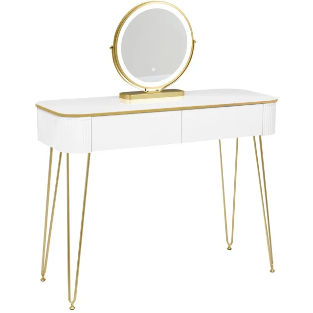 Lilac & Lily Kaptafel - Make-up tafel - Spiegel & LED-verlichting – Opmaakspiegel – Beautykast - Opbergkast - Lades – Wit / Goud