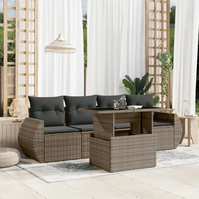 vidaXL 5-delige Loungeset met kussens poly rattan grijs, foto 2