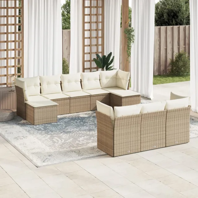 vidaXL 10-delige Loungeset met kussens poly rattan beige, foto 2