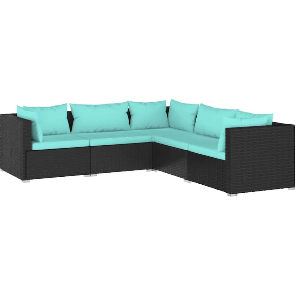 vidaXL 5-delige Loungeset met kussens poly rattan zwart, foto 3