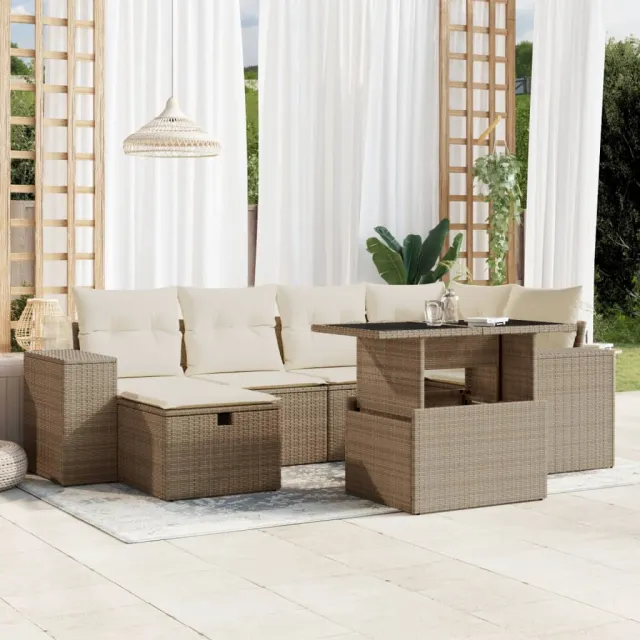 vidaXL 7-delige Loungeset met kussens poly rattan beige, foto 2