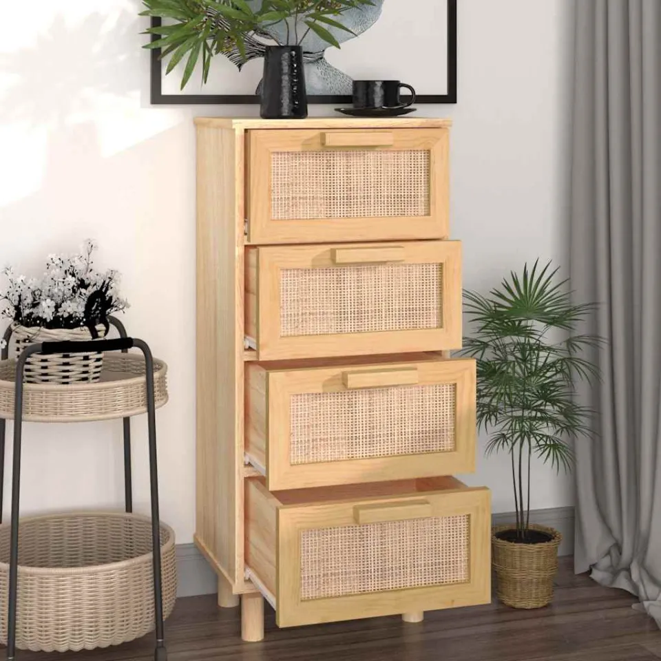 vidaXL Dressoir 40x30x90 cm massief grenenhout en rattan bruin, foto 3