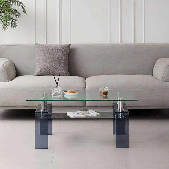 REDOM Salontafel - Tweelaags - Modern - Voor Woonkamer - Gehard Glas - Transparant En Grijs - 100 X 55 X 45 Cm Duidelijk