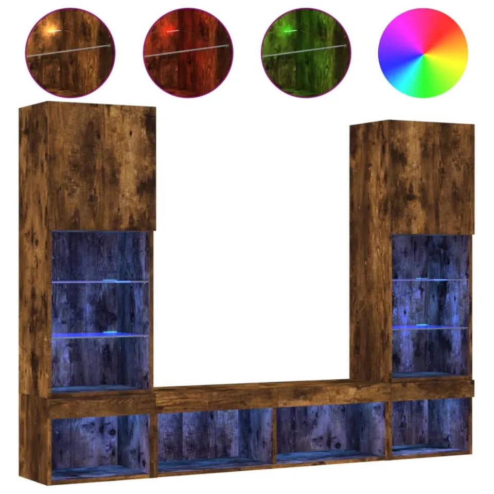 vidaXL 5-delige tv-wandmeubelset met LED bewerkt hout gerookt eiken, foto 4