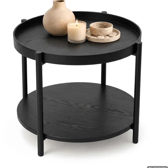Akord Salontafel RIVA / Zwart / 51 cm / Rond / Plank / Zwarte Poten / Industriële Stijl / 51 x 51 x 40 cm