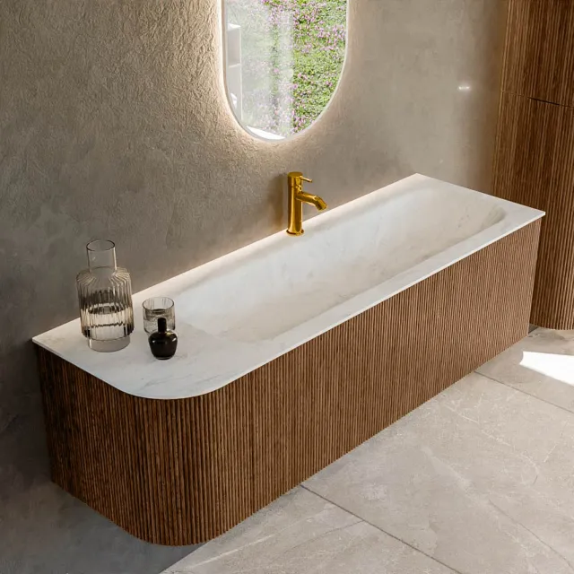 Mondiaz KURVE-DLUX 145 cm Onderkast Greeploos 1 Lade Met Deuren Walnut, Wastafel Solid Surface Rechts Opalo 1 Kraangat Zonder Spiegel (KRVBGL145L1L1D1KR-Wal/Opa)