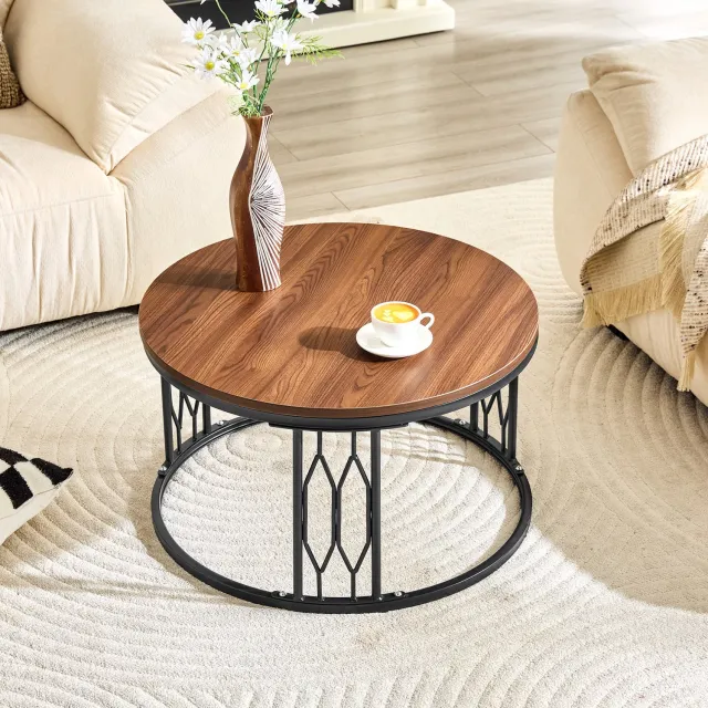 CHICFURN Salontafel - Rond - Open onderstel - Metalen frame - Walnoot