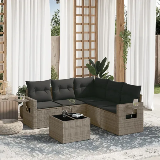 vidaXL 6-delige Loungeset met kussens poly rattan grijs, foto 2