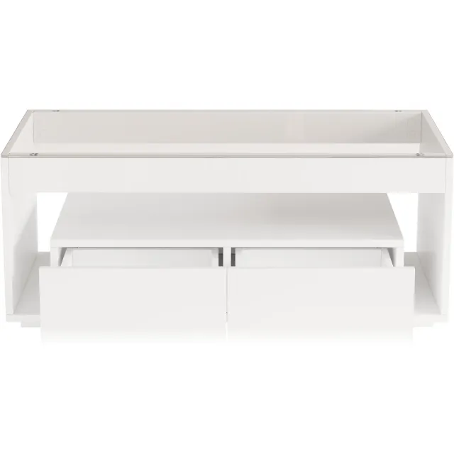 MODFU Witte hoge glans salontafel 100x50x40 cm met LED-verlichting, 2 lades, glazen blad, dubbellaags design, ruim en modern