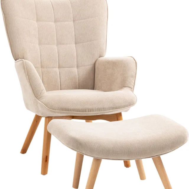 MODFU Oorfauteuil Met Hocker - Getuft - Klassiek - Ribstof - Beige