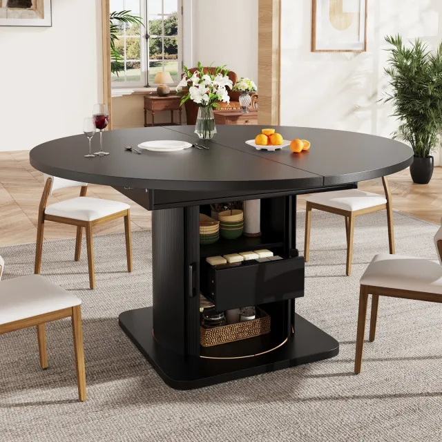 FloraGrace Eettafel - Uitschuifbaar Rond Naar Ovaal Met Lade - Voor Eethoek En Thuiskantoor - MDF - 118-158x118x76 cm - Zwart Notenbruin