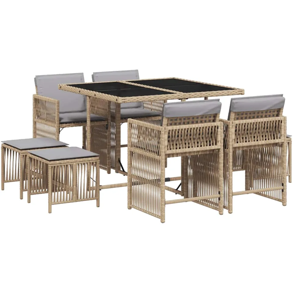 vidaXL 9-delige Tuinset met kussens poly rattan gemengd beige, foto 4