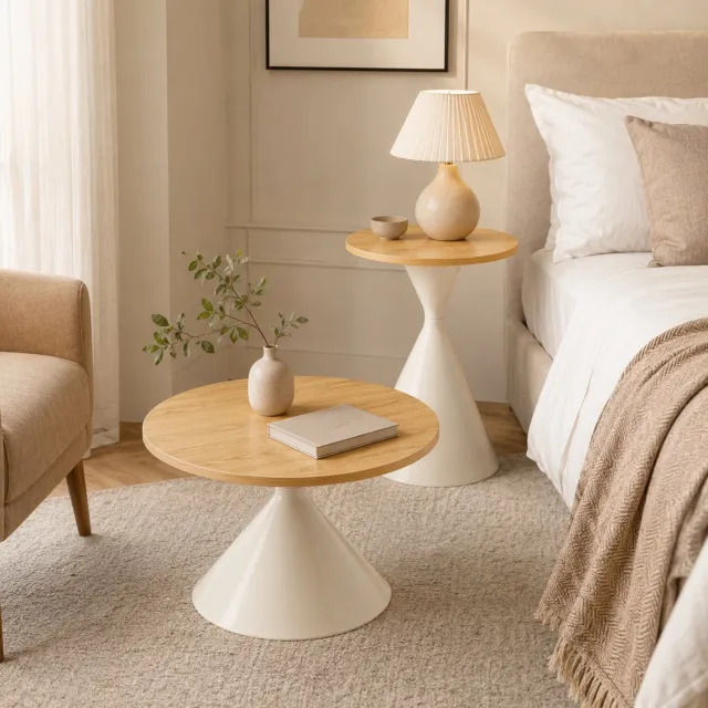WUVRIE Set van 2 ronde bijzettafels - Ø70 x H40 cm en Ø50 x H55 cm - Houtlook/crèmewit Houtkleur