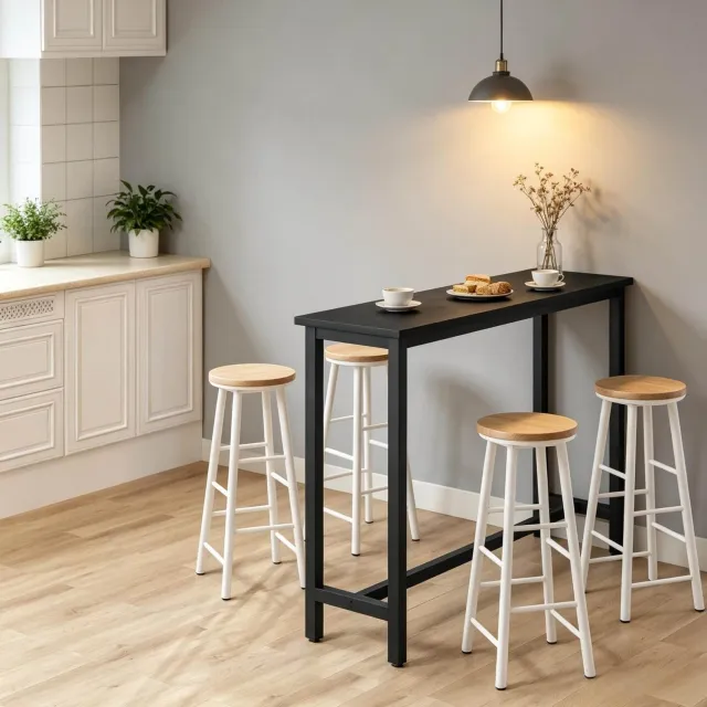 MEUNIQ Bartafel 140 x 40 x 100 cm – rechthoekige hoge tafel met MDF tafelblad, metalen frame, verstelbare voeten en dwarsstangen – zwart
