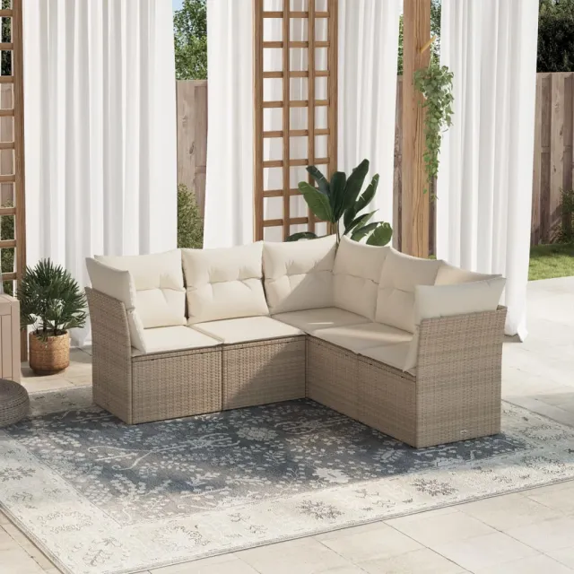 vidaXL 5-delige Loungeset met kussens poly rattan beige, foto 2