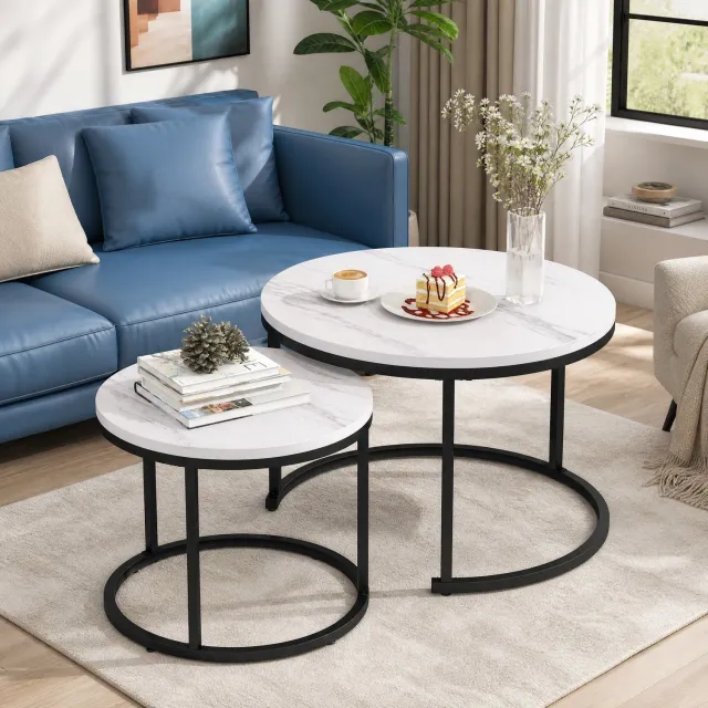Maisentiel Ronde salontafelset van 2 - Ø 70,5 cm - nestbaar - MDF marmerlook - wit