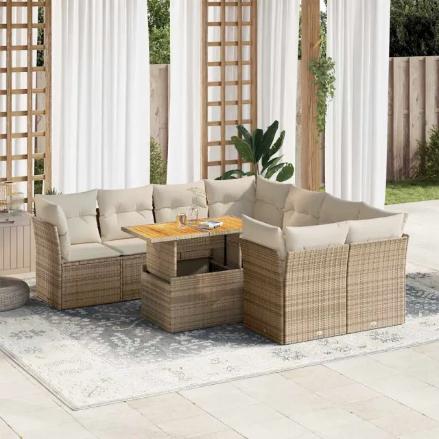 vidaXL 9-delige Loungeset met kussens poly rattan beige, foto 2