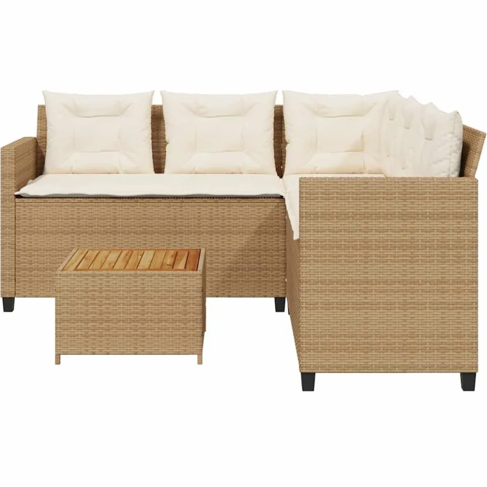 vidaXL Tuinbank met tafel en kussens L-vormig poly rattan beige, foto 3