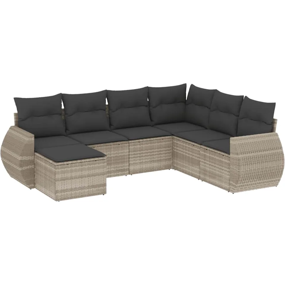 vidaXL 7-delige Loungeset met kussens poly rattan lichtgrijs grijs