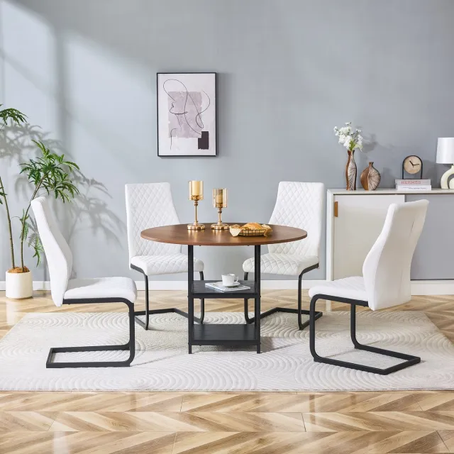 MODENUIT Eettafelset 107 cm - Ronde Tafel Met Dubbele Opberglagen - Voor Eetkamer - MDF En Metaal - Walnoot Wit Zwart Walnoot, Wit en Zwart
