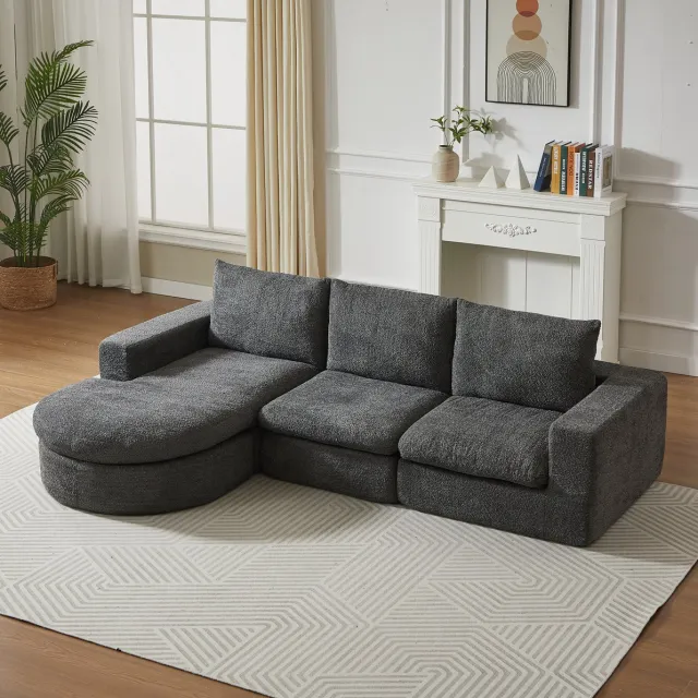 DESMIU Hoekbank 250 x 160 x 80 cm - Modulaire L-vorm - Verwisselbare Chaise Longue - 3-zits - Chenille Grijs - Zonder Montage