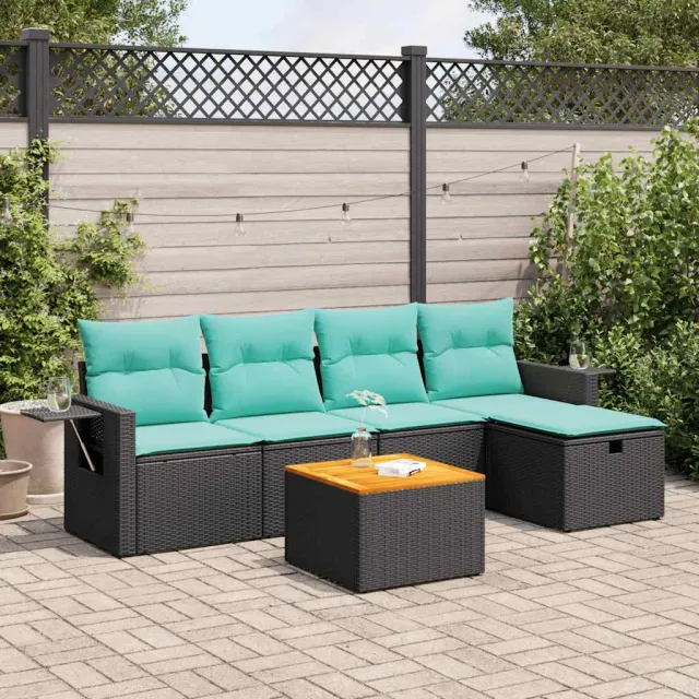 vidaXL 6-delige Loungeset met kussens poly rattan zwart, foto 2