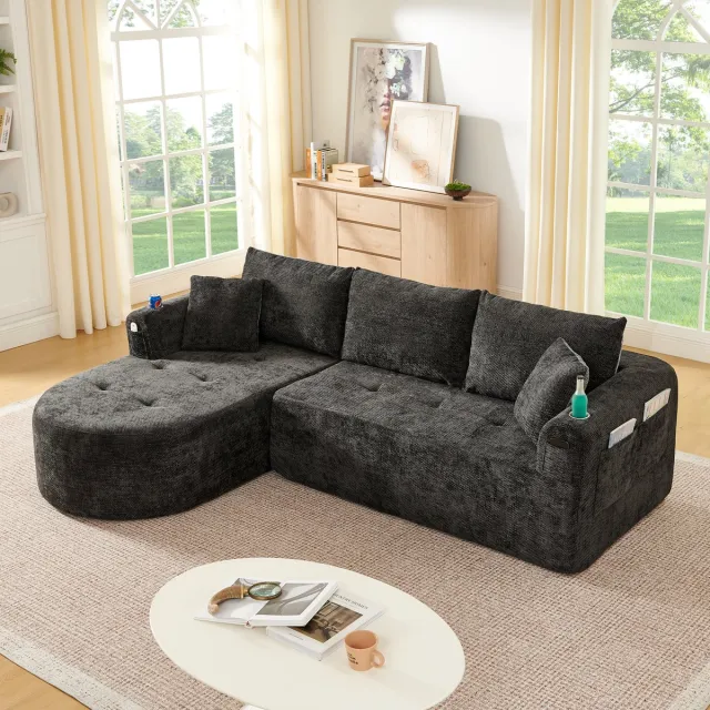 HAUSS SPOLE Hoekbank - Modulaire L Vorm Met Bekerhouder En Zijvakken - Voor Woonkamer En Lounge - Stoffen Bekleding Zwart