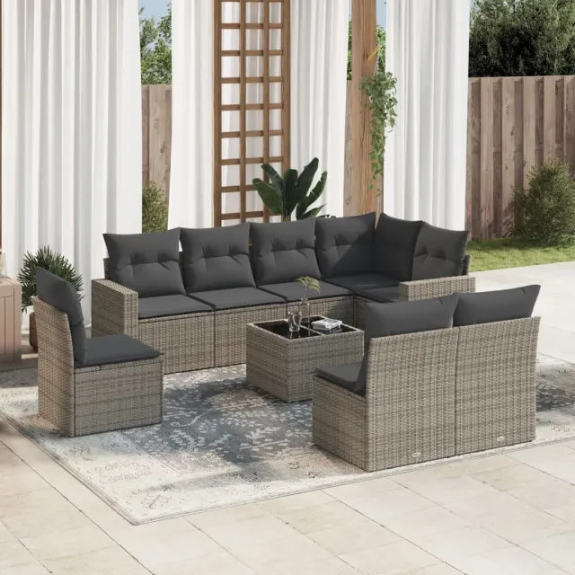 vidaXL 9-delige Loungeset met kussens poly rattan grijs, foto 2